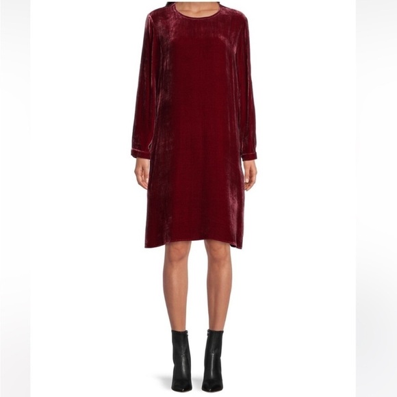 NWT Eileen Fisher Ruby Crew Neck Velvet Silk Long Sleeve Shift Dress Tunic $348 - Picture 1 of 13